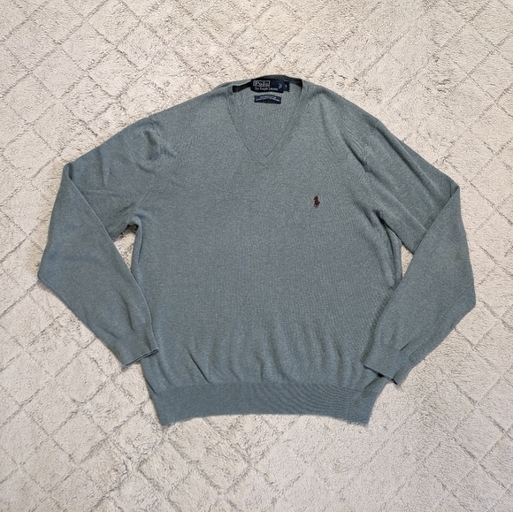 Polo Ralph Lauren Sweater Men's Large Blue Green Pima Cotton V-Neck Rib Hem - Picture 1 of 6